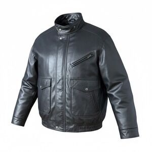 Contemporary Expressions Mens Lg Black Genuine Leather Bomber Jacket Bikercore